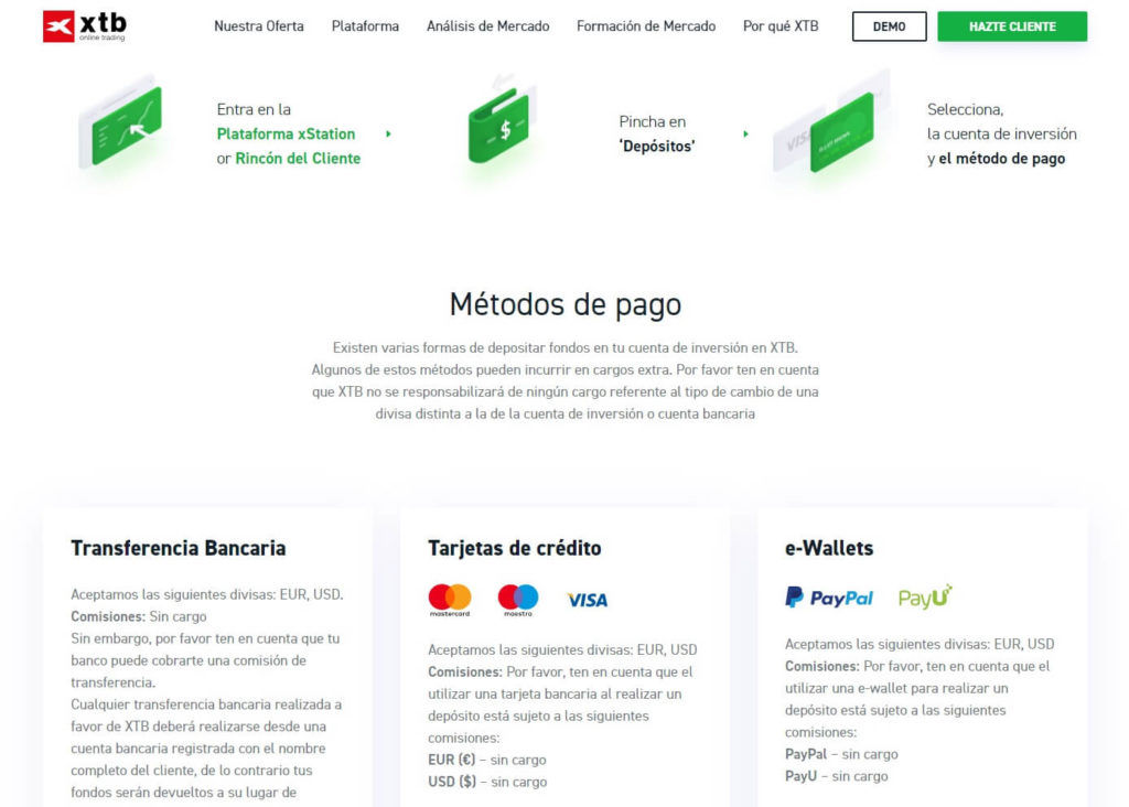 Las modalidades de pagamiento con xtb