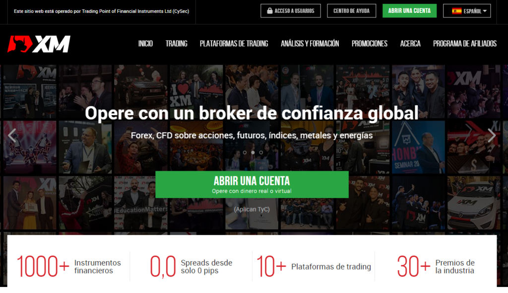 Página de inicio del sitio web de XM