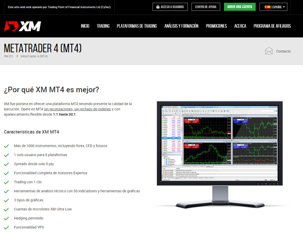 Página de la plataforma de negociación MT4 como aplicación de escritorio dentro del sitio web de XM
