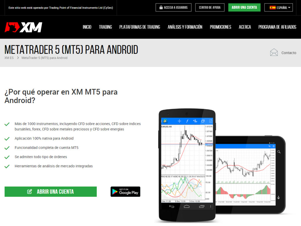 Página de la plataforma de negociación MT5 como aplicación móvil dentro del sitio web de XM