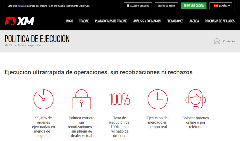 Política de ejecución en el sitio web de XM