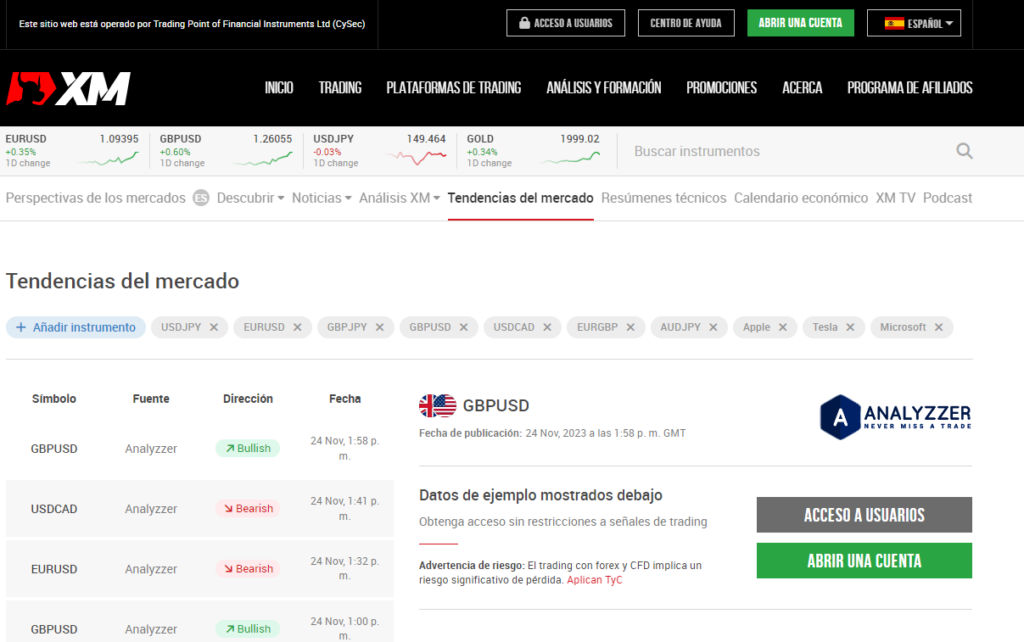 página de tendencias del mercado en el sitio web de XM