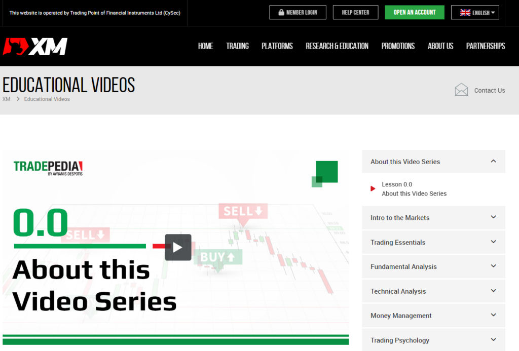 página de vídeos educativos en el sitio web de XM