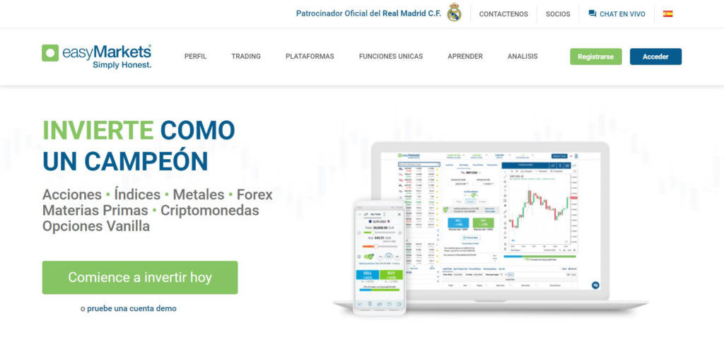 La pagina principal del sito de easymarkets