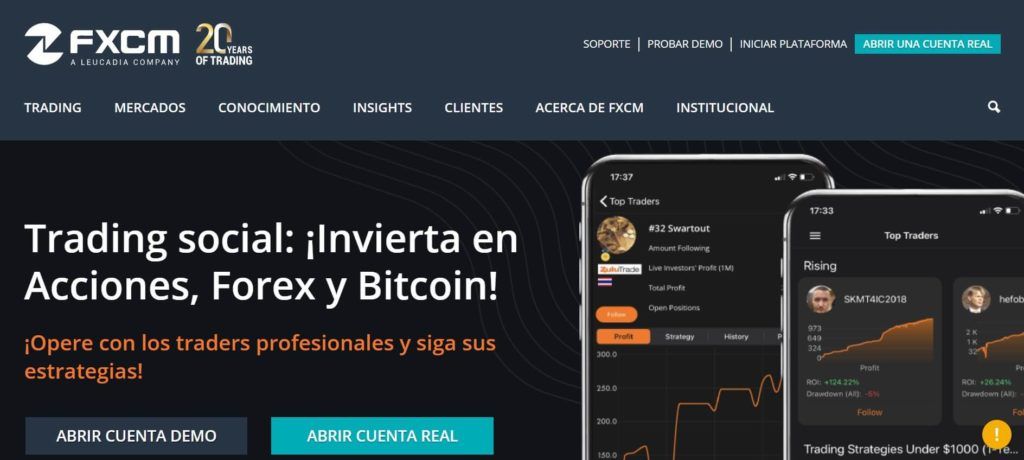 La pagina principal del sito de fxcm