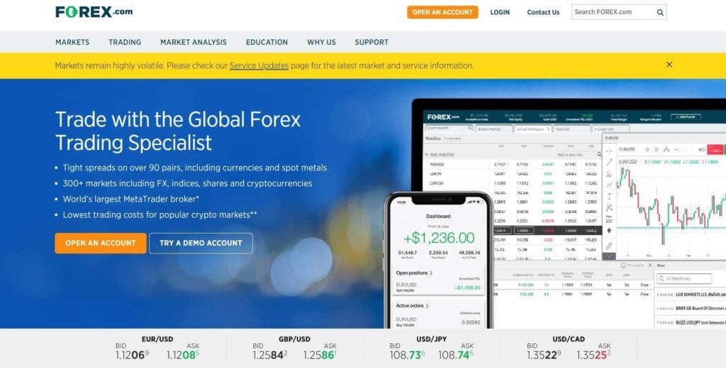 La pagina principal del sito de forex.com