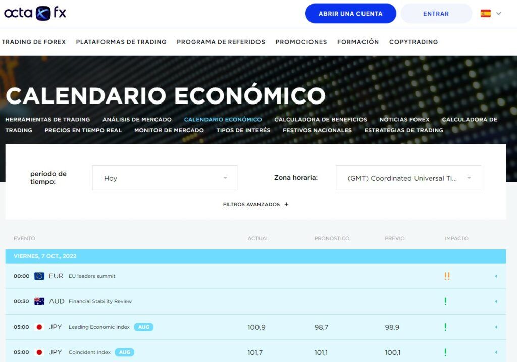 El calendario económico de OctaFX