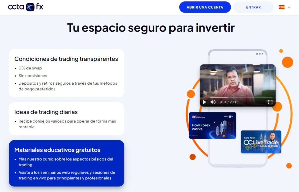 La página de inicio del sitio web de OctaFX