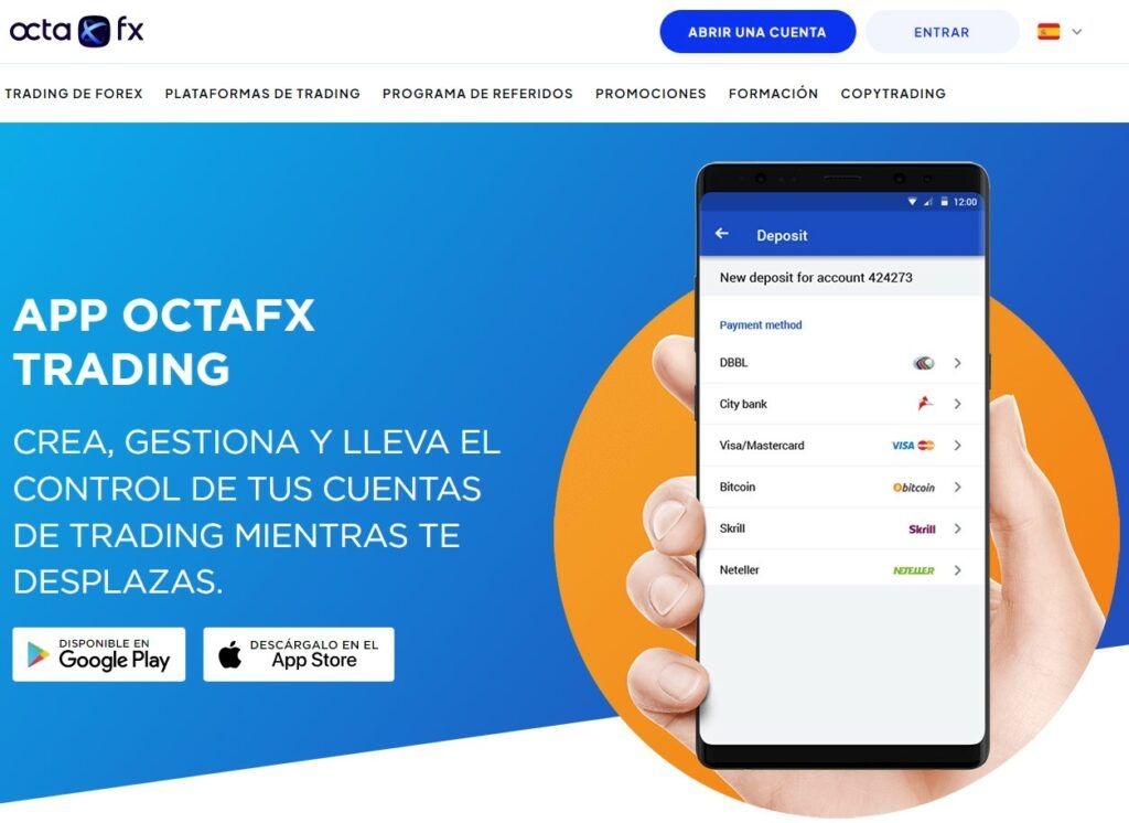 La aplicación de comercio móvil de OctaFX