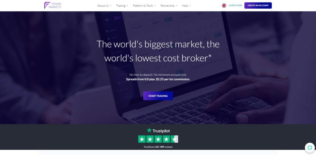 La homepage de fusion markets