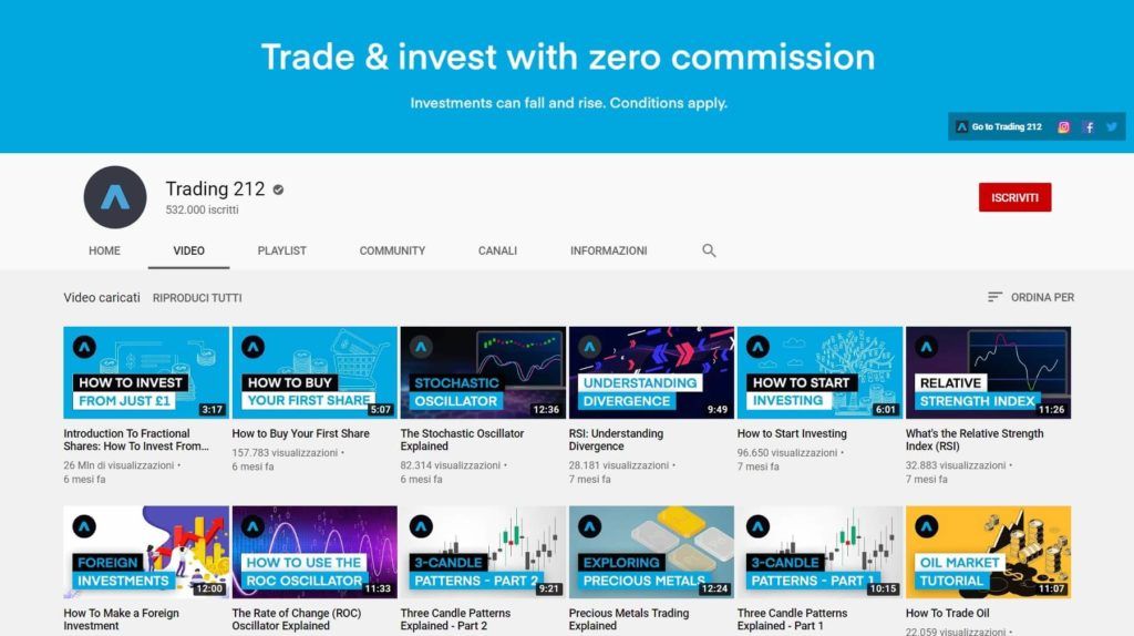 la página de youtube de trading 212