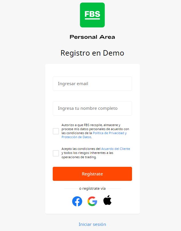 formulario de registro de la cuenta demo de fbs
