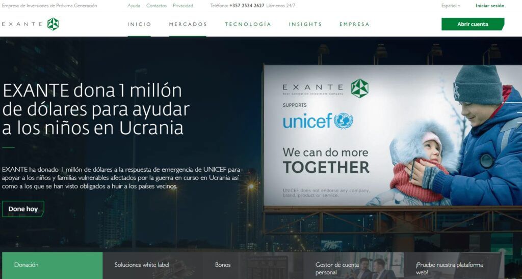 La pagina principal del sito de EXANTE