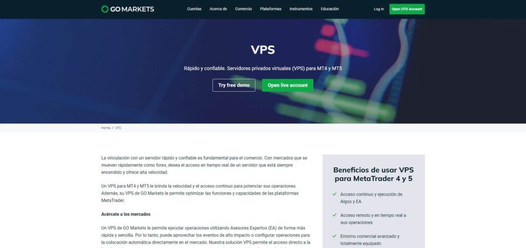 el vps proporcionado por go markets