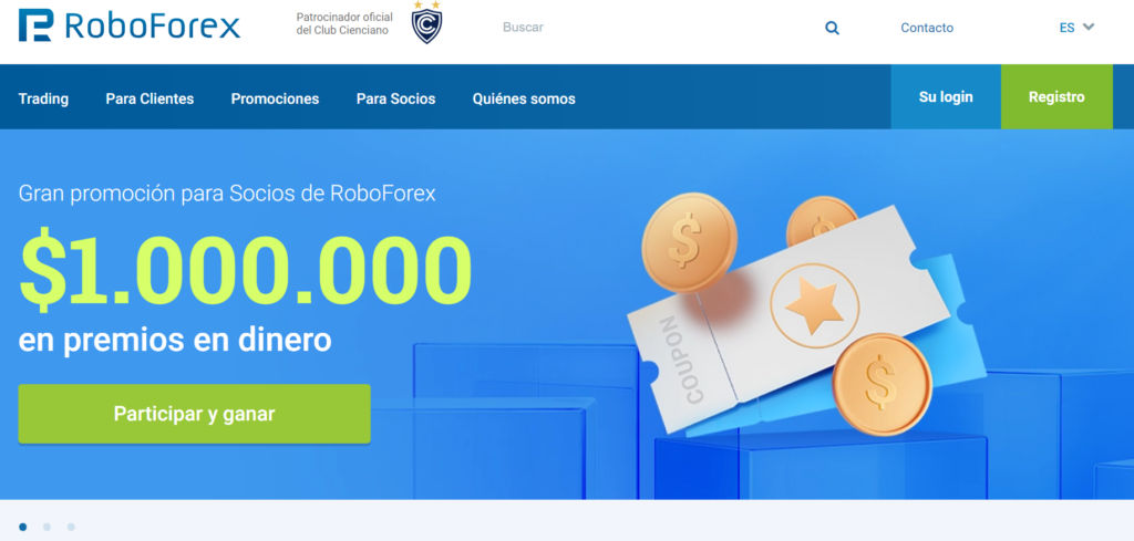La página de inicio del sitio web de Roboforex