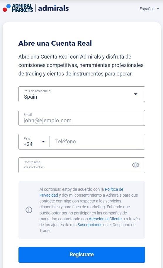 formulario de inscripción a la demo de admirals