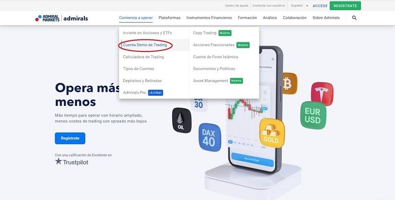 opción de cuenta demo en la página web de admirals