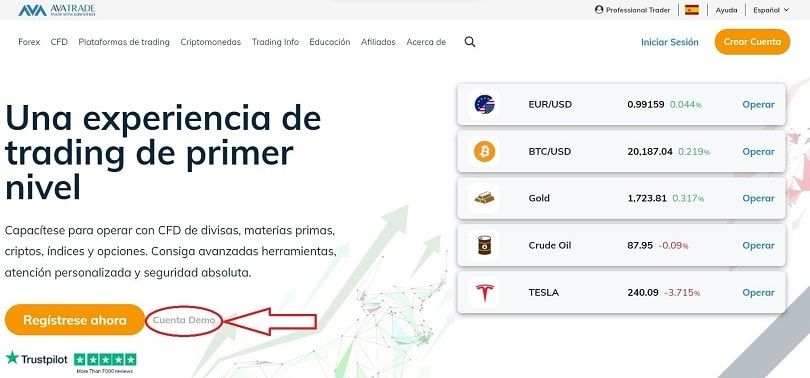 opción de cuenta demo avatrade en la página de inicio