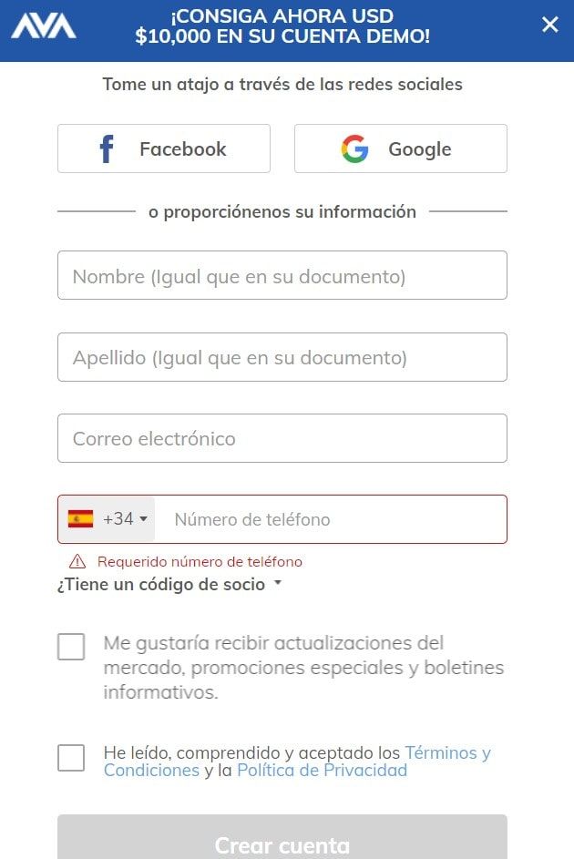 formulario de registro de la cuenta demo de avatrade