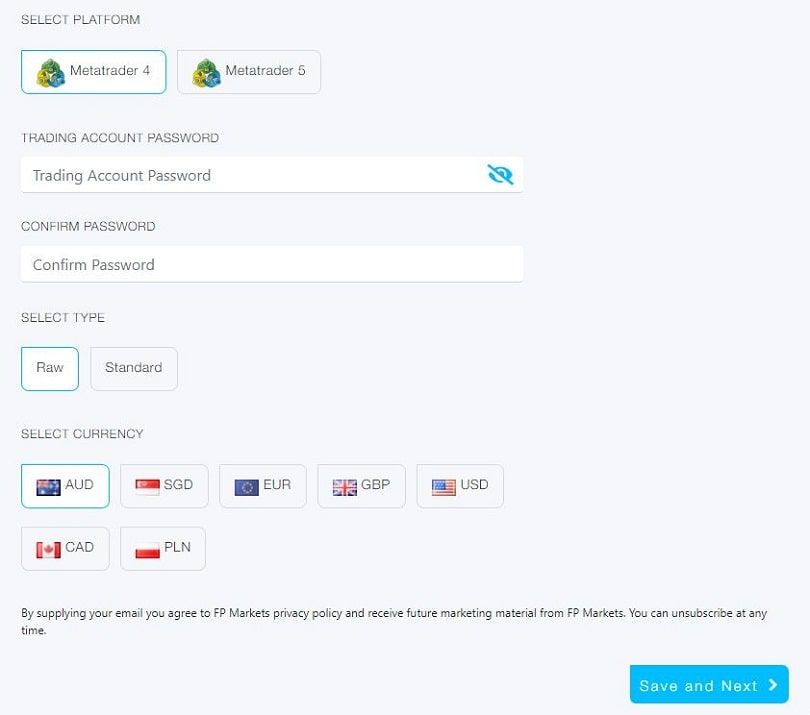 fp markets elige las características de la cuenta demo