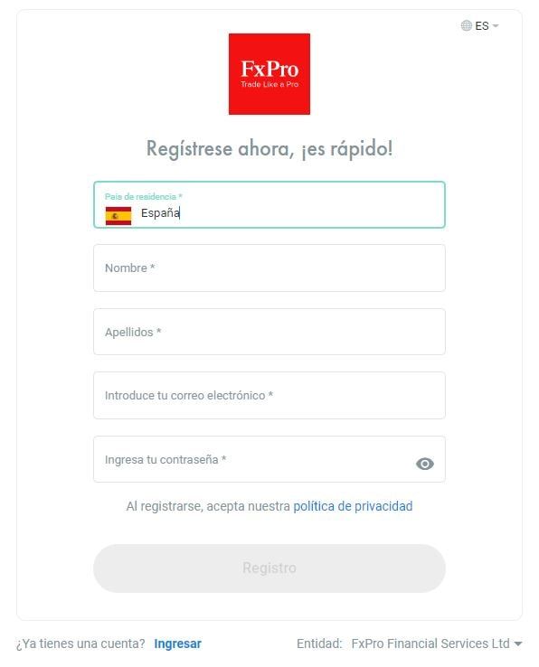 fxpro formulario de registro de la cuenta demo