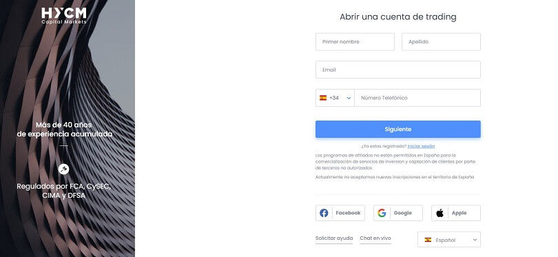 Rellene el formulario de registro de su cuenta de demostración de HYCM