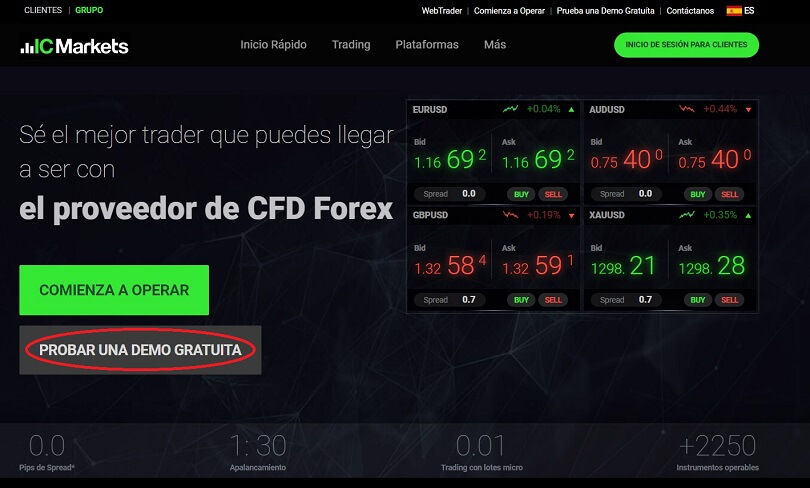 Abra su cuenta de demostración de IC Markets desde la página de inicio