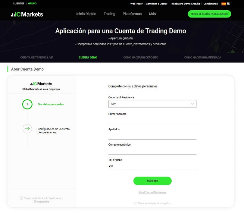 Rellene el formulario de registro de su cuenta de demostración de IC Markets