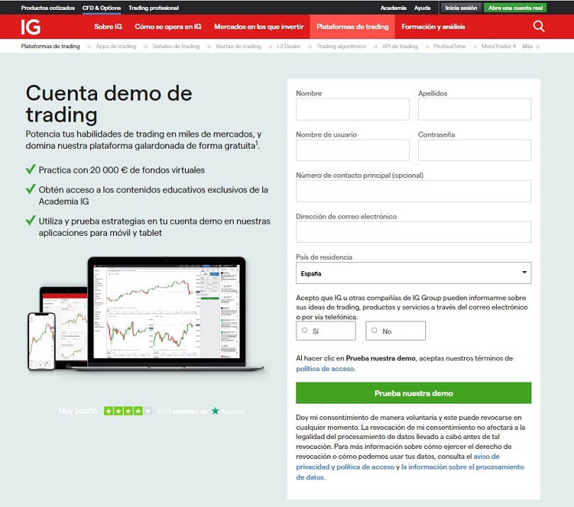 Rellene el formulario de registro de su cuenta de demostración de IG Markets