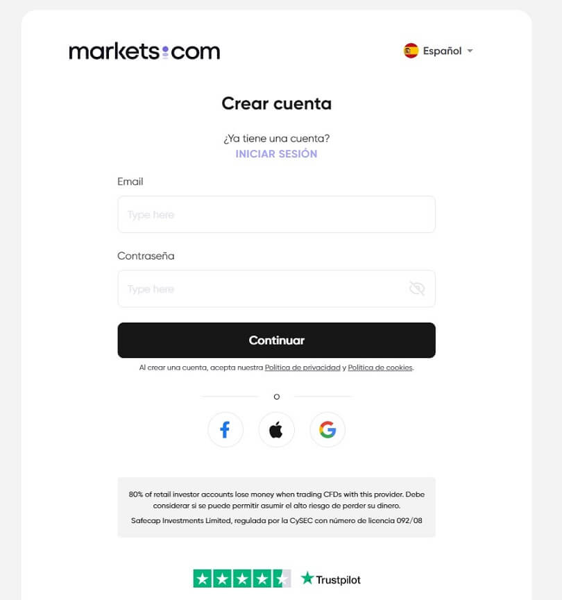 Rellene el formulario de registro de su cuenta de demostración de Markets.com