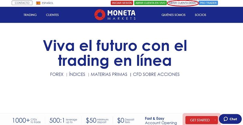 Abra su cuenta de demostración de Moneta Markets desde la página de inicio
