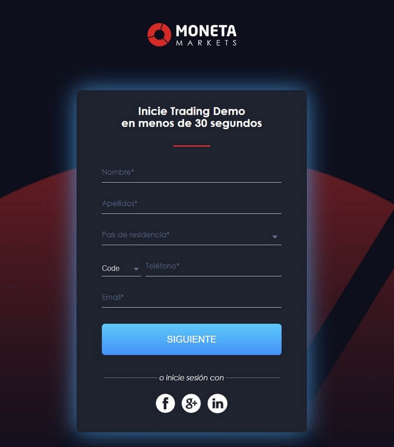 Rellene el formulario de registro de su cuenta de demostración de Moneta Markets