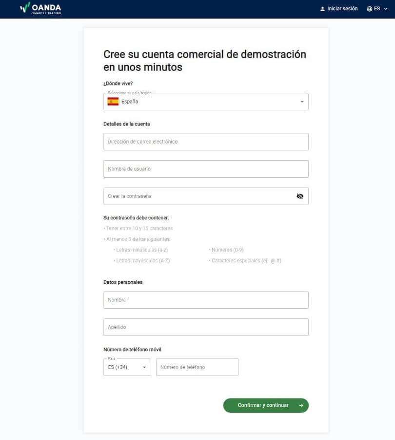 Rellene el formulario de registro de su cuenta de demostración de Oanda