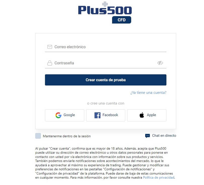 Rellene el formulario de registro de su cuenta de demostración de Plus500