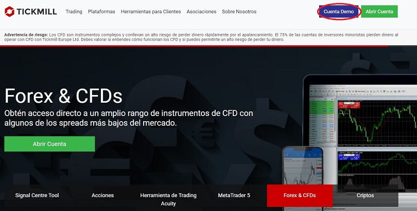 Abra su cuenta de demostración de Tickmill desde la página de inicio