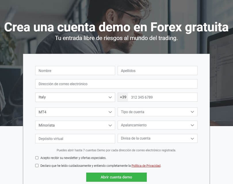 Rellene el formulario de registro de su cuenta de demostración de Tickmill