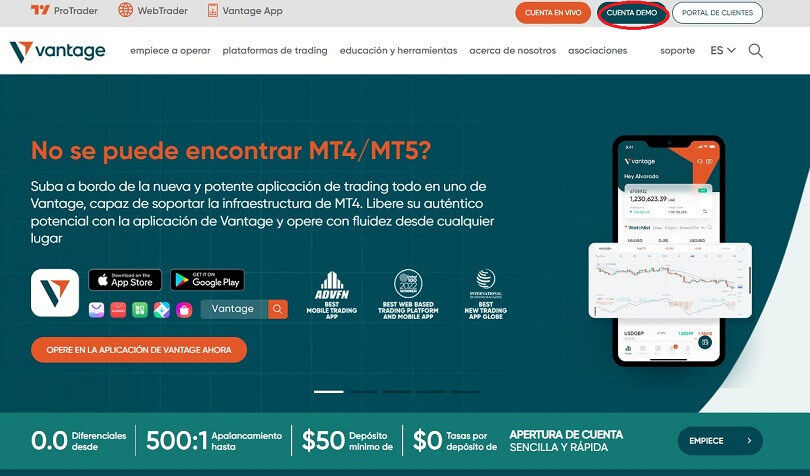 Abra su cuenta de demostración de Vantage desde la página de inicio
