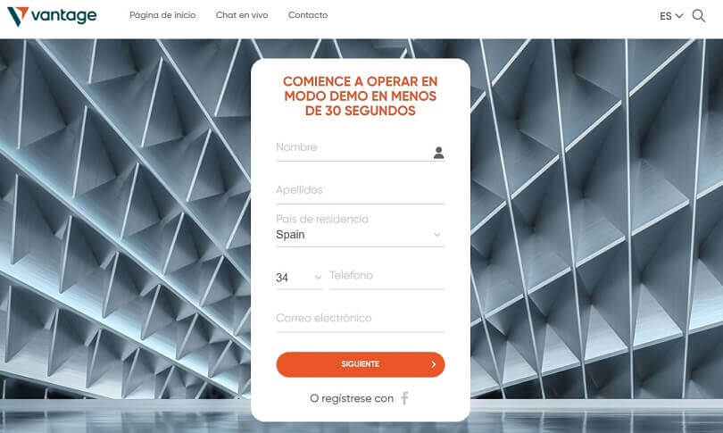 Rellene el formulario de registro de su cuenta de demostración de Vantage