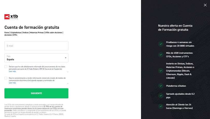 Rellene el formulario de registro de su cuenta de demostración de XTB