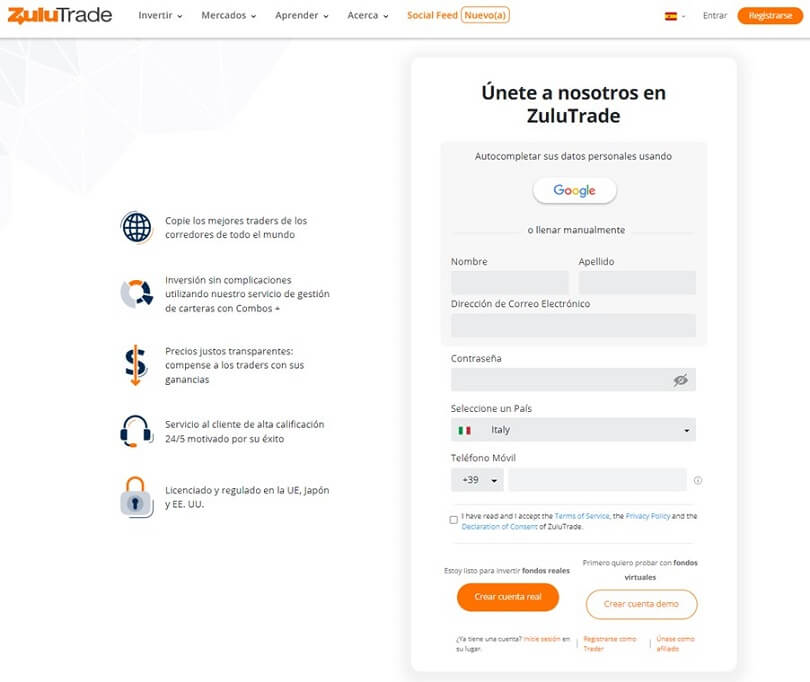 Rellene el formulario de registro de su cuenta de demostración de ZuluTrade