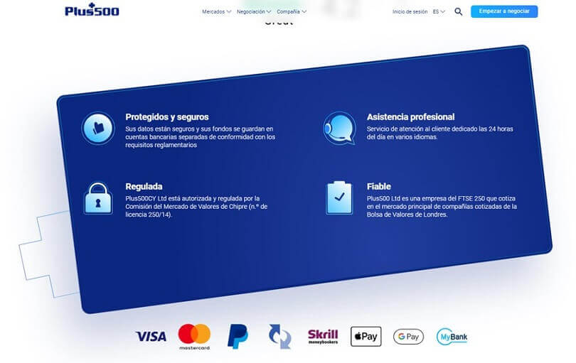 Plus500 está regulado, es seguro y ofrece una amplia gama de métodos de depósito