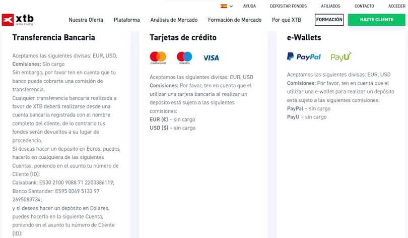 Métodos de pago disponibles con xtb